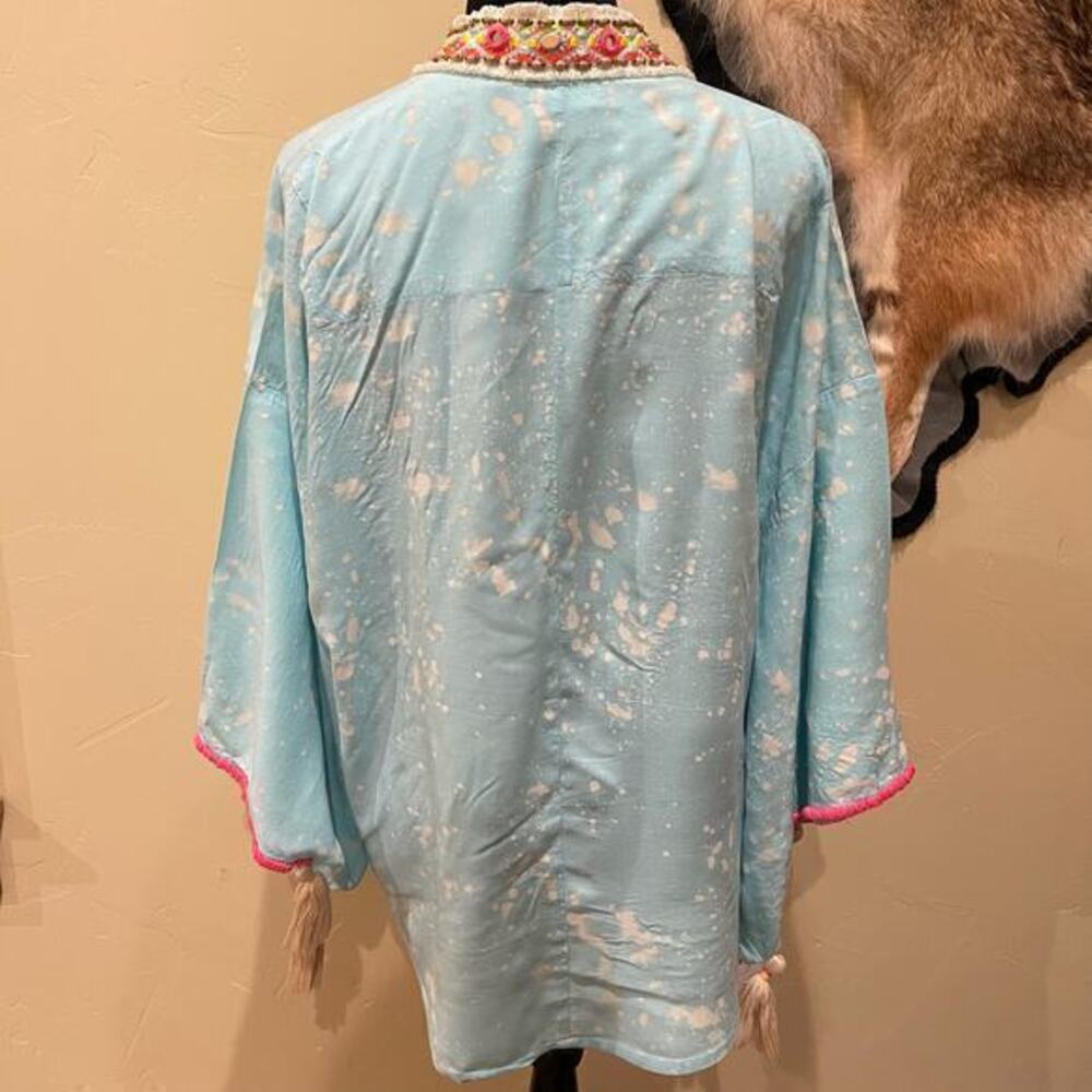 Skemo Boho Chic Splatter Print Kimono Tassels Cover Up Resortwear Vacation Beach - Picture 3 of 6